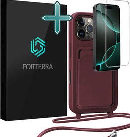 Forterra Forterra iPhone 16 Pro Hoesje Pashouder met Koord Met Screenprotector - Aubergine