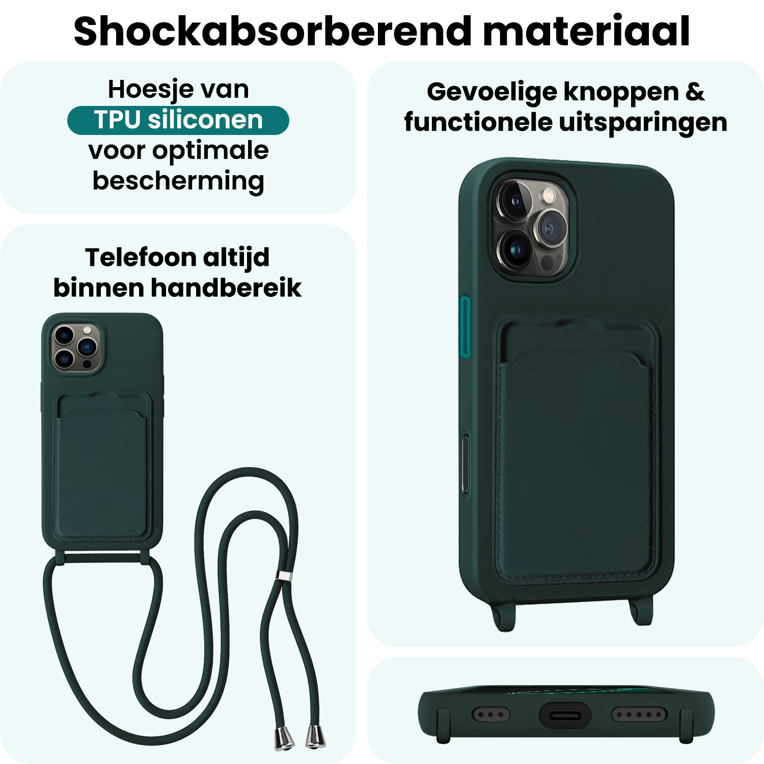 Forterra Forterra iPhone 16 Pro Hoesje Pashouder met Koord - Donkergroen