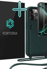 Forterra Forterra iPhone 16 Pro Hoesje Pashouder met Koord Met Screenprotector - Donkergroen