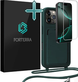 Forterra Forterra iPhone 16 Pro Hoesje Pashouder met Koord Met Screenprotector - Donkergroen