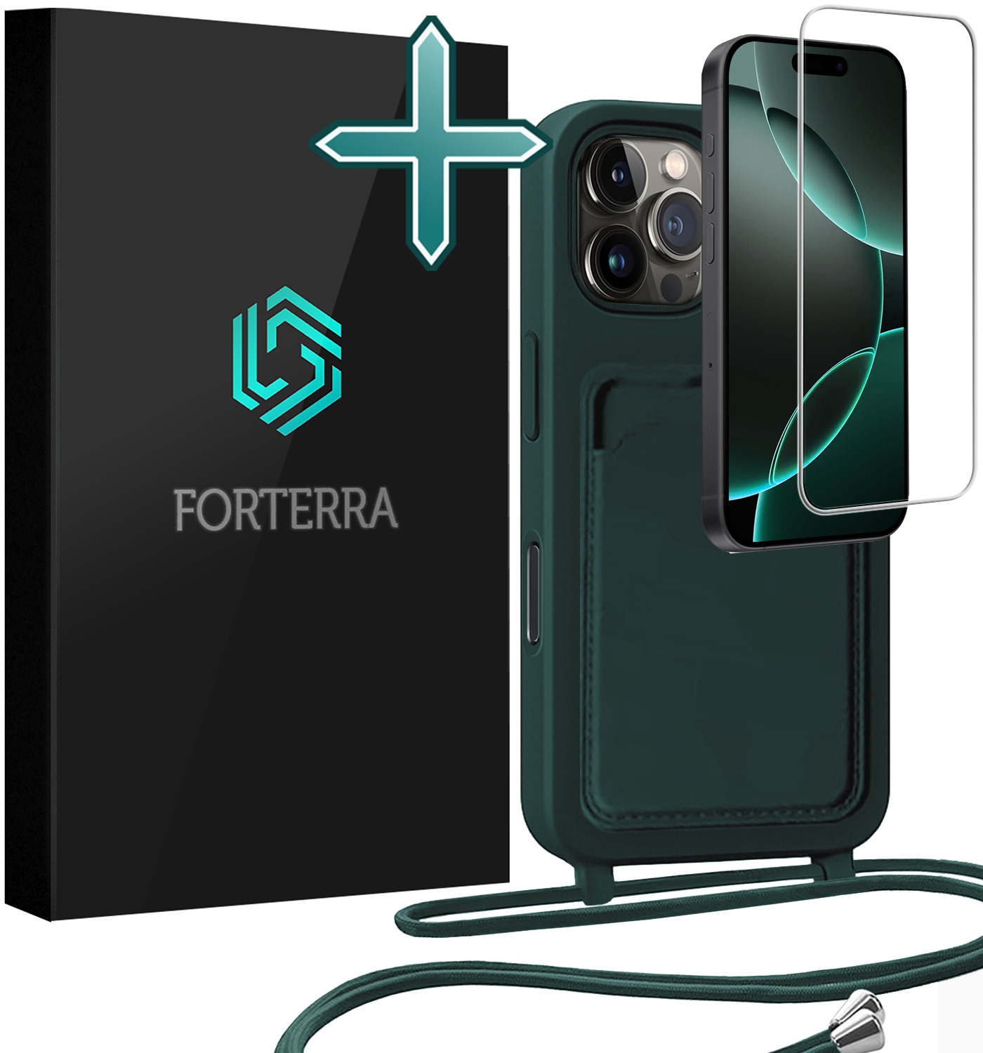 Forterra Forterra iPhone 16 Pro Hoesje Pashouder met Koord Met Screenprotector - Donkergroen