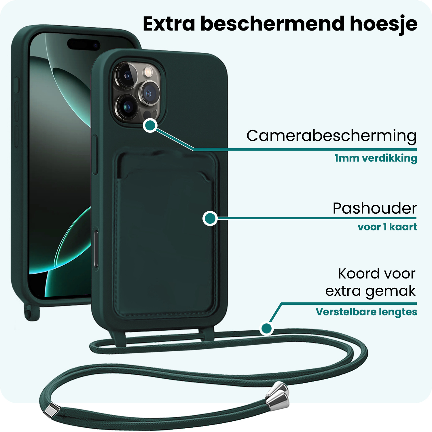 Forterra Forterra iPhone 16 Pro Hoesje Pashouder met Koord Met 2x Screenprotector - Donkergroen