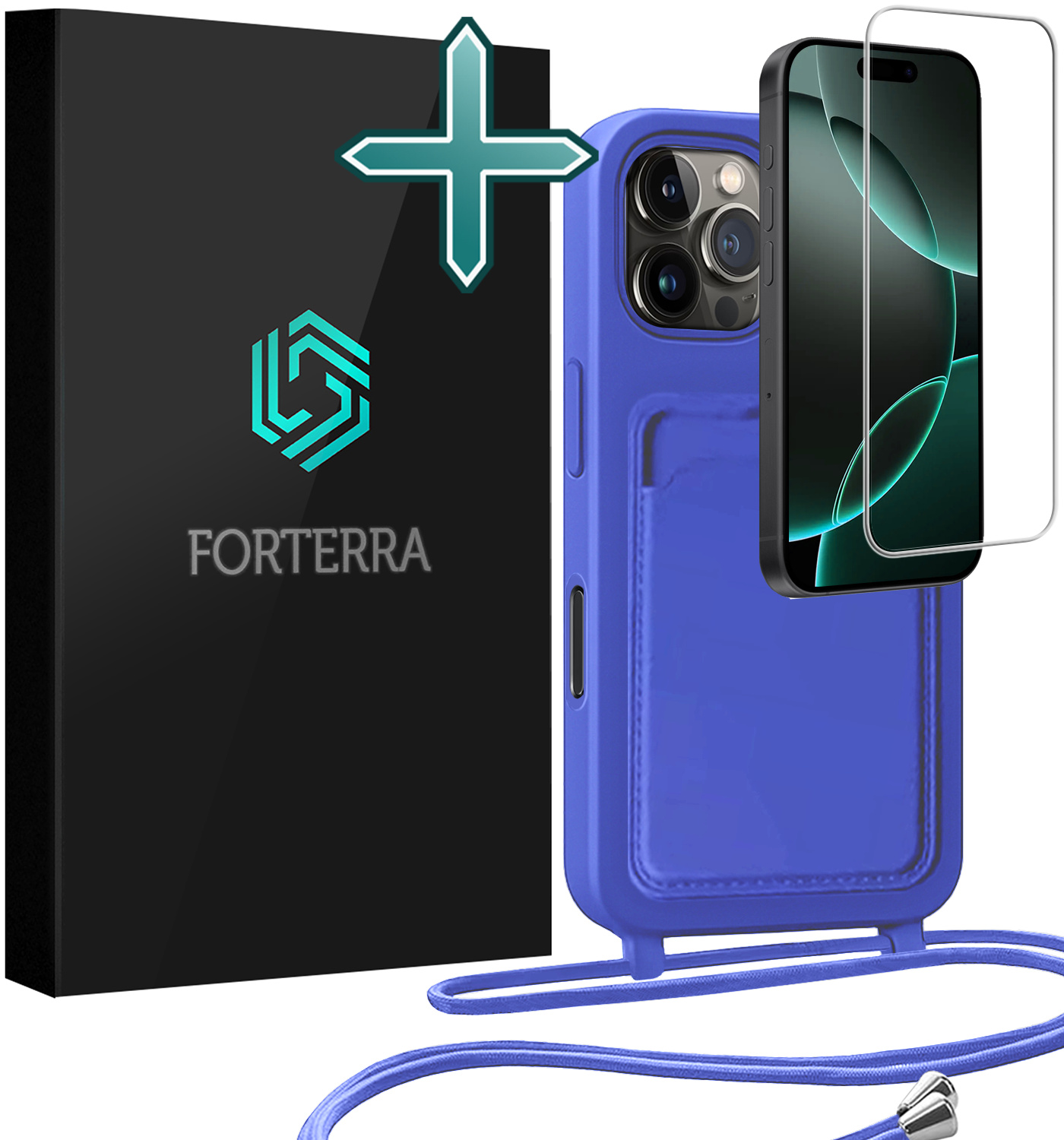 Forterra Forterra iPhone 16 Pro Hoesje Pashouder met Koord Met Screenprotector - Fel Blauw