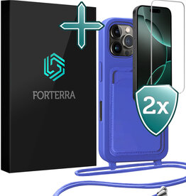 Forterra Forterra iPhone 16 Pro Hoesje Pashouder met Koord Met 2x Screenprotector - Fel Blauw