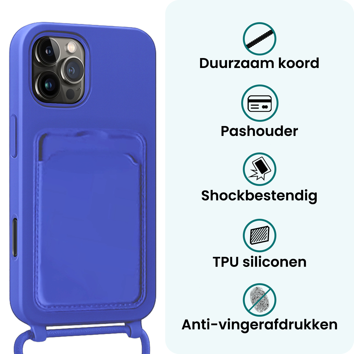 Forterra Forterra iPhone 16 Pro Hoesje Pashouder met Koord Met 2x Screenprotector - Fel Blauw