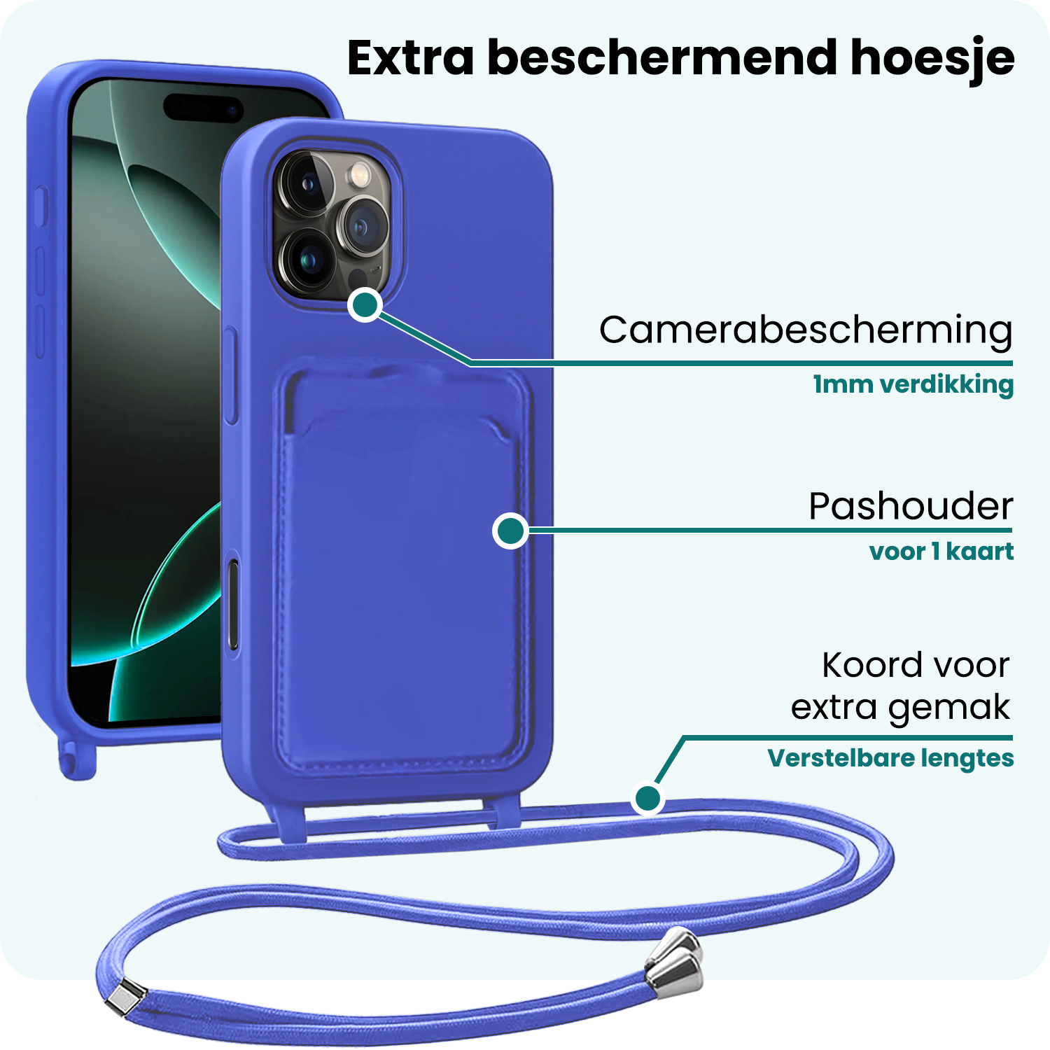 Forterra Forterra iPhone 16 Pro Hoesje Pashouder met Koord Met 2x Screenprotector - Fel Blauw