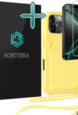 Forterra Forterra iPhone 16 Pro Hoesje Pashouder met Koord Met Screenprotector - Geel