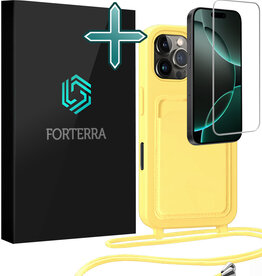 Forterra Forterra iPhone 16 Pro Hoesje Pashouder met Koord Met Screenprotector - Geel