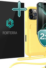 Forterra Forterra iPhone 16 Pro Hoesje Pashouder met Koord Met 2x Screenprotector - Geel