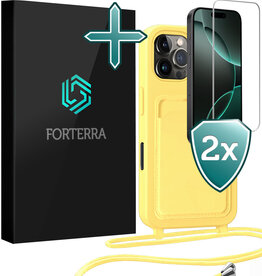 Forterra Forterra iPhone 16 Pro Hoesje Pashouder met Koord Met 2x Screenprotector - Geel