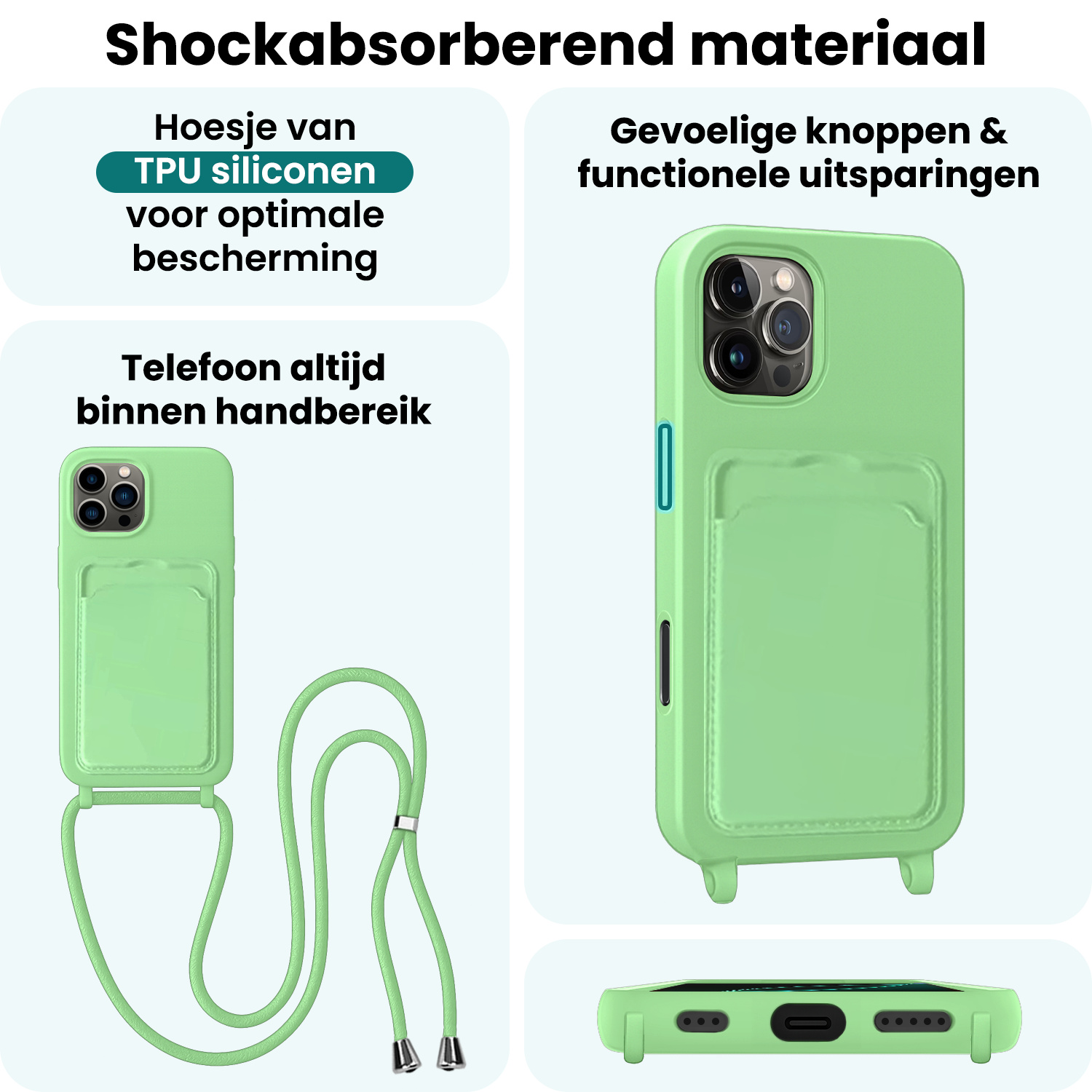 Forterra Forterra iPhone 16 Pro Hoesje Pashouder met Koord - Groen - 2 PACK