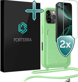 Forterra Forterra iPhone 16 Pro Hoesje Pashouder met Koord Met 2x Screenprotector - Groen