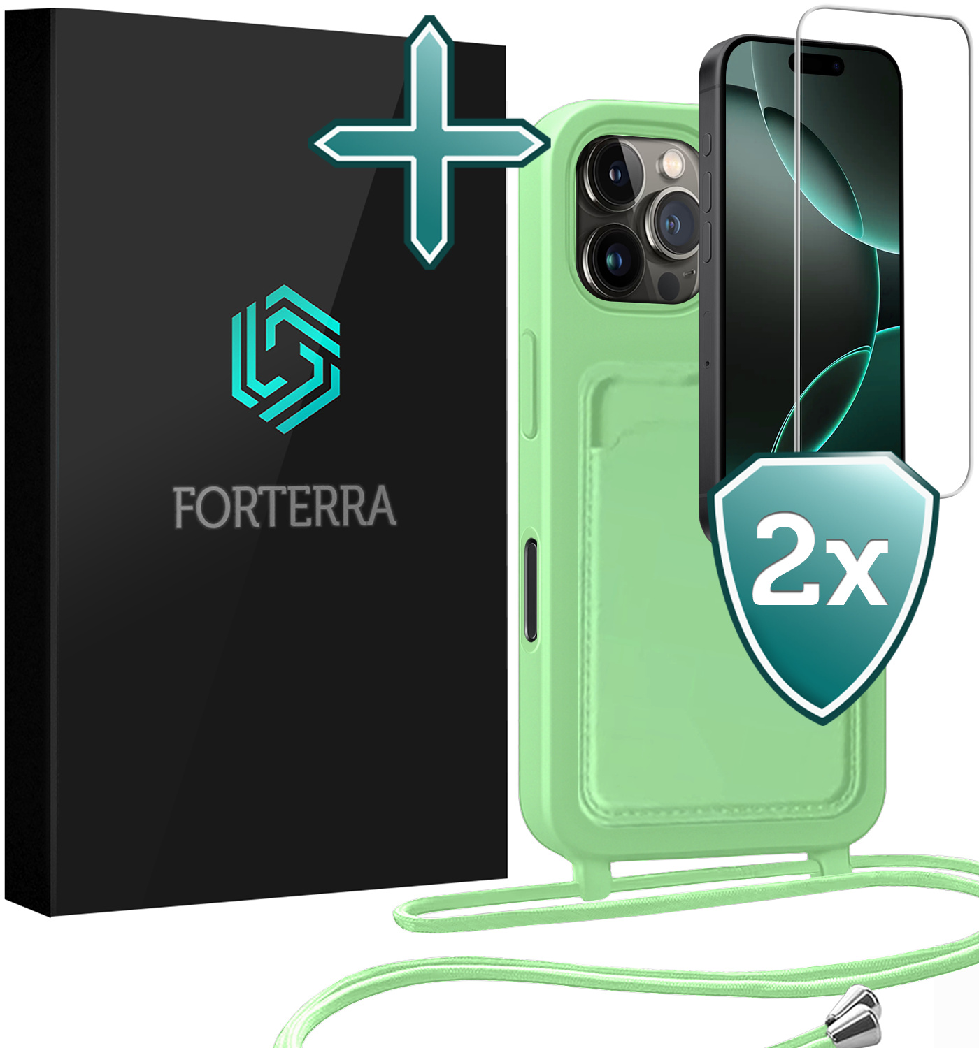 Forterra Forterra iPhone 16 Pro Hoesje Pashouder met Koord Met 2x Screenprotector - Groen