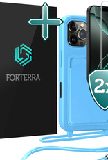 Forterra Forterra iPhone 16 Pro Hoesje Pashouder met Koord Met 2x Screenprotector - Lichtblauw