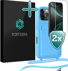 Forterra Forterra iPhone 16 Pro Hoesje Pashouder met Koord Met 2x Screenprotector - Lichtblauw