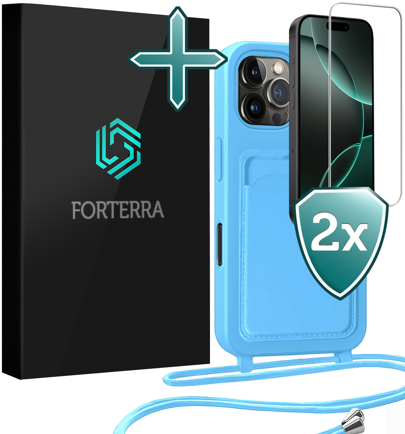 Forterra Forterra iPhone 16 Pro Hoesje Pashouder met Koord Met 2x Screenprotector - Lichtblauw