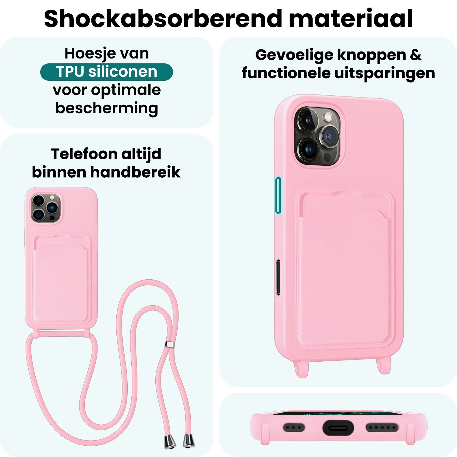 Forterra Forterra iPhone 16 Pro Hoesje Pashouder met Koord - Lichtroze