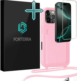 Forterra Forterra iPhone 16 Pro Hoesje Pashouder met Koord Met Screenprotector - Lichtroze