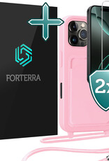 Forterra Forterra iPhone 16 Pro Hoesje Pashouder met Koord Met 2x Screenprotector - Lichtroze