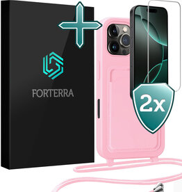 Forterra Forterra iPhone 16 Pro Hoesje Pashouder met Koord Met 2x Screenprotector - Lichtroze