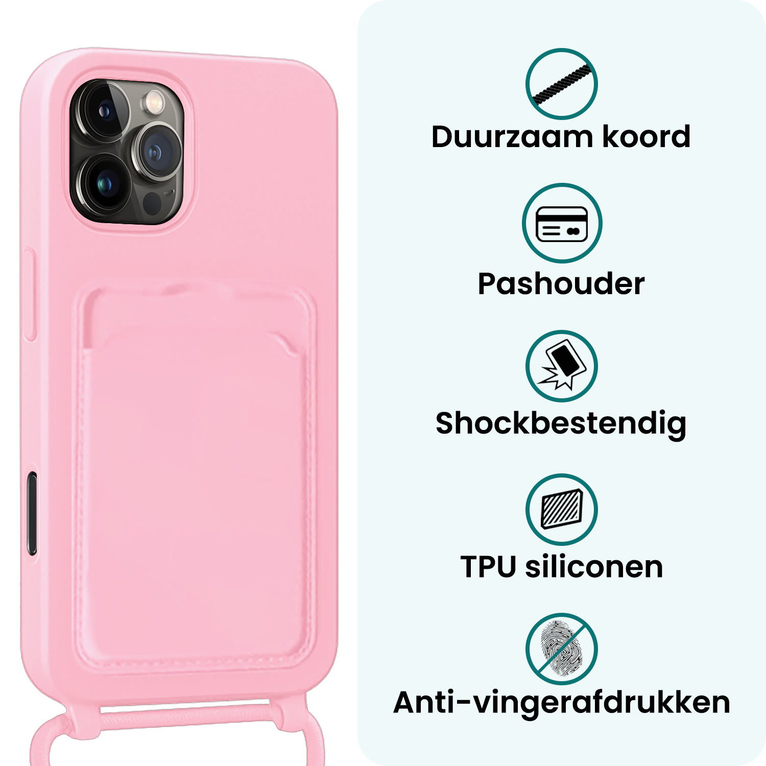 Forterra Forterra iPhone 16 Pro Hoesje Pashouder met Koord Met 2x Screenprotector - Lichtroze