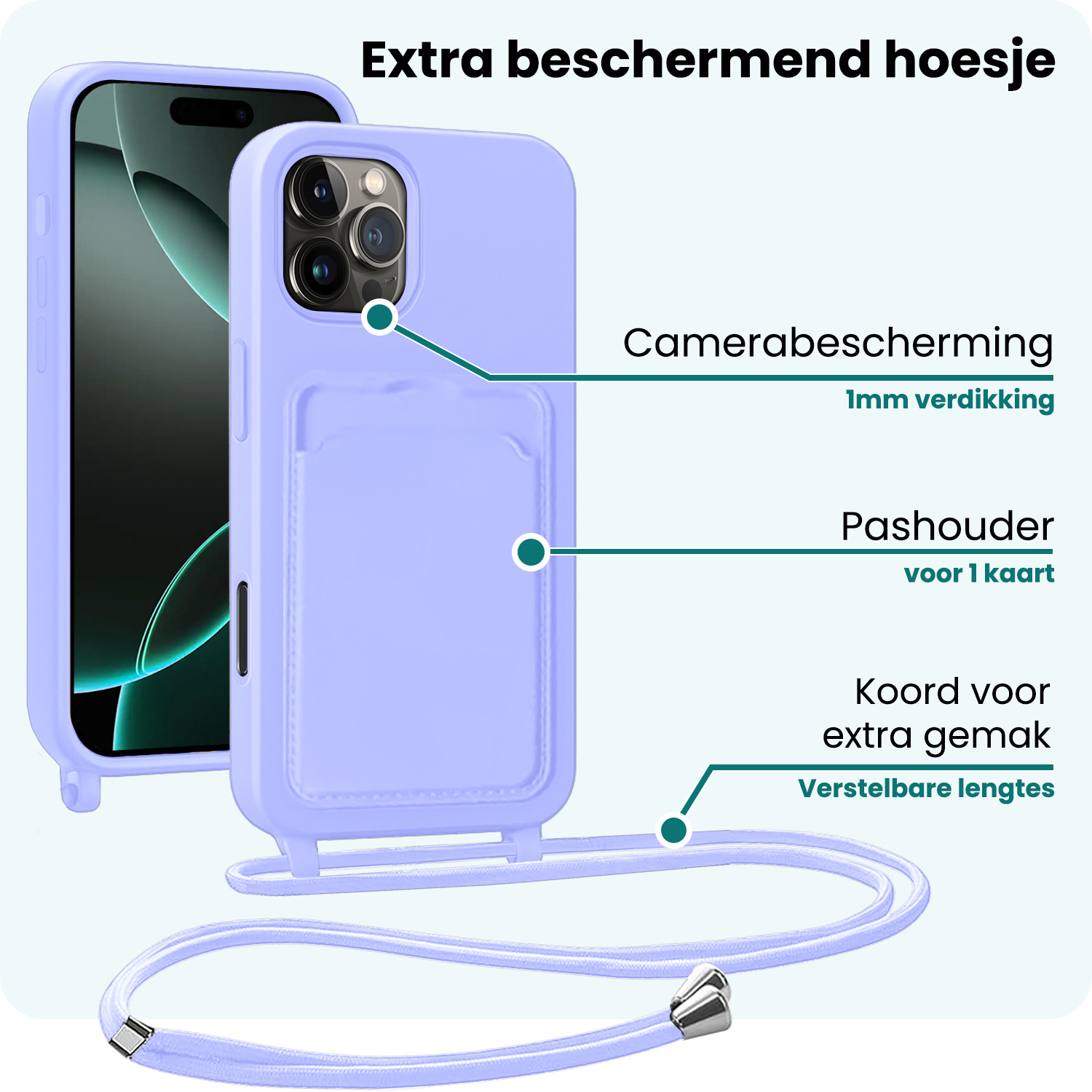 Forterra Forterra iPhone 16 Pro Hoesje Pashouder met Koord Met Screenprotector - Lila