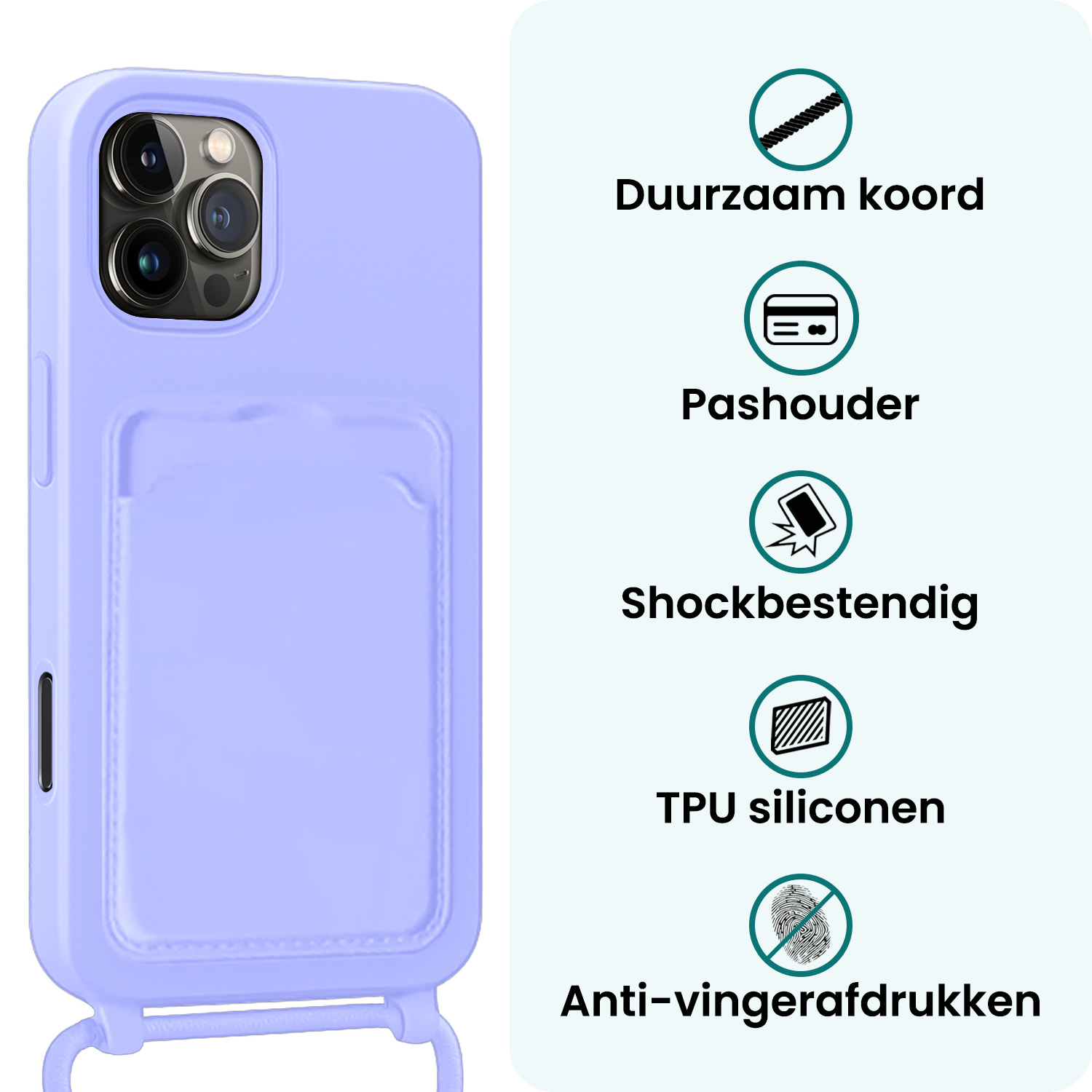 Forterra Forterra iPhone 16 Pro Hoesje Pashouder met Koord Met 2x Screenprotector - Lila