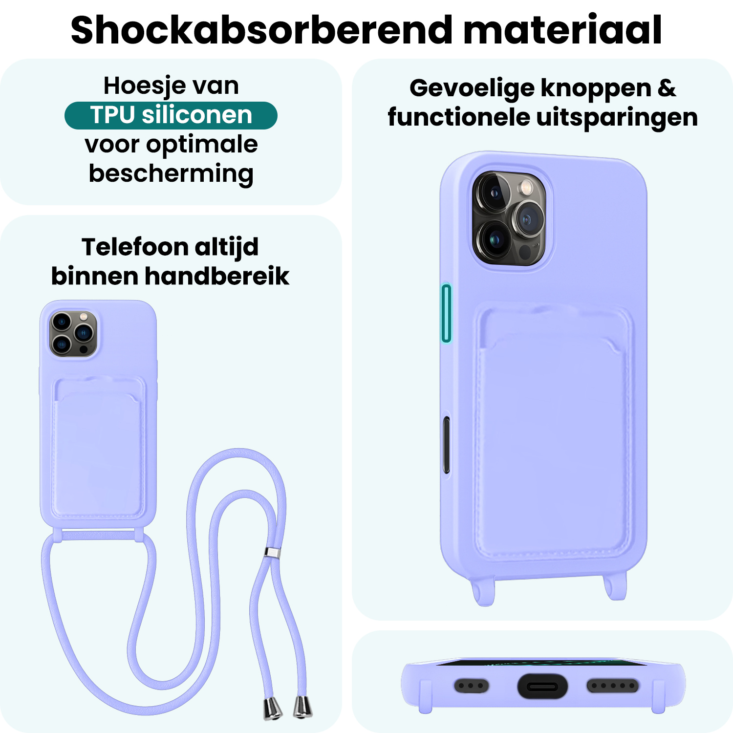 Forterra Forterra iPhone 16 Pro Hoesje Pashouder met Koord Met 2x Screenprotector - Lila