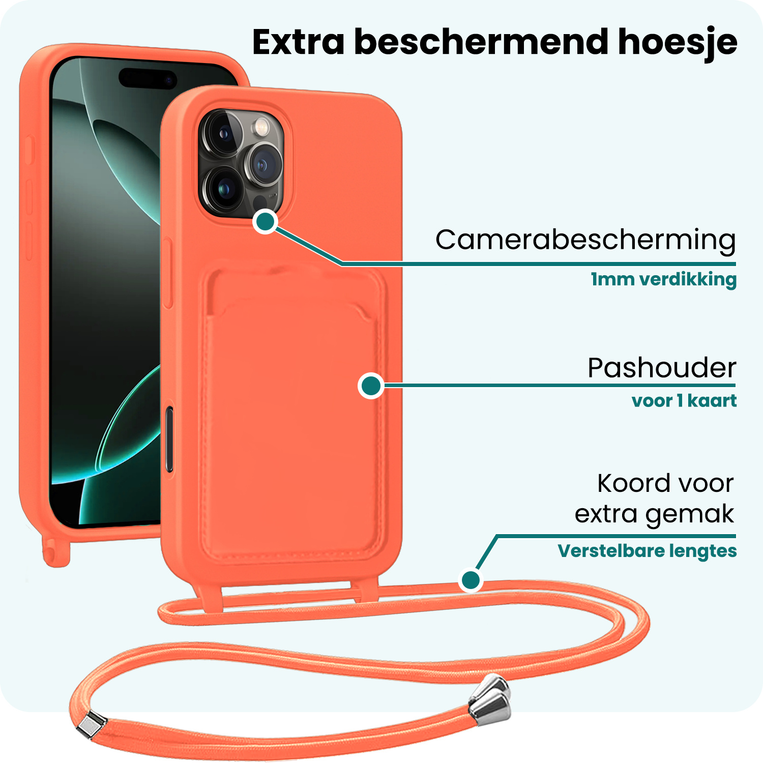 Forterra Forterra iPhone 16 Pro Hoesje Pashouder met Koord - Papaya - 2 PACK