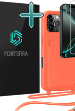 Forterra Forterra iPhone 16 Pro Hoesje Pashouder met Koord Met Screenprotector - Papaya