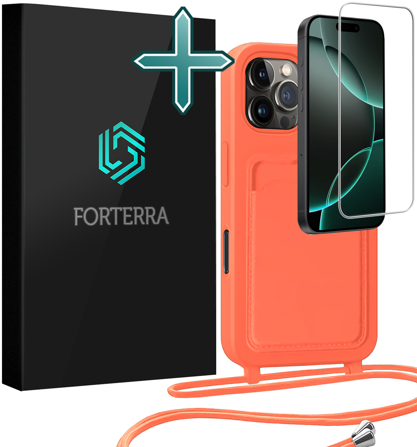 Forterra Forterra iPhone 16 Pro Hoesje Pashouder met Koord Met Screenprotector - Papaya