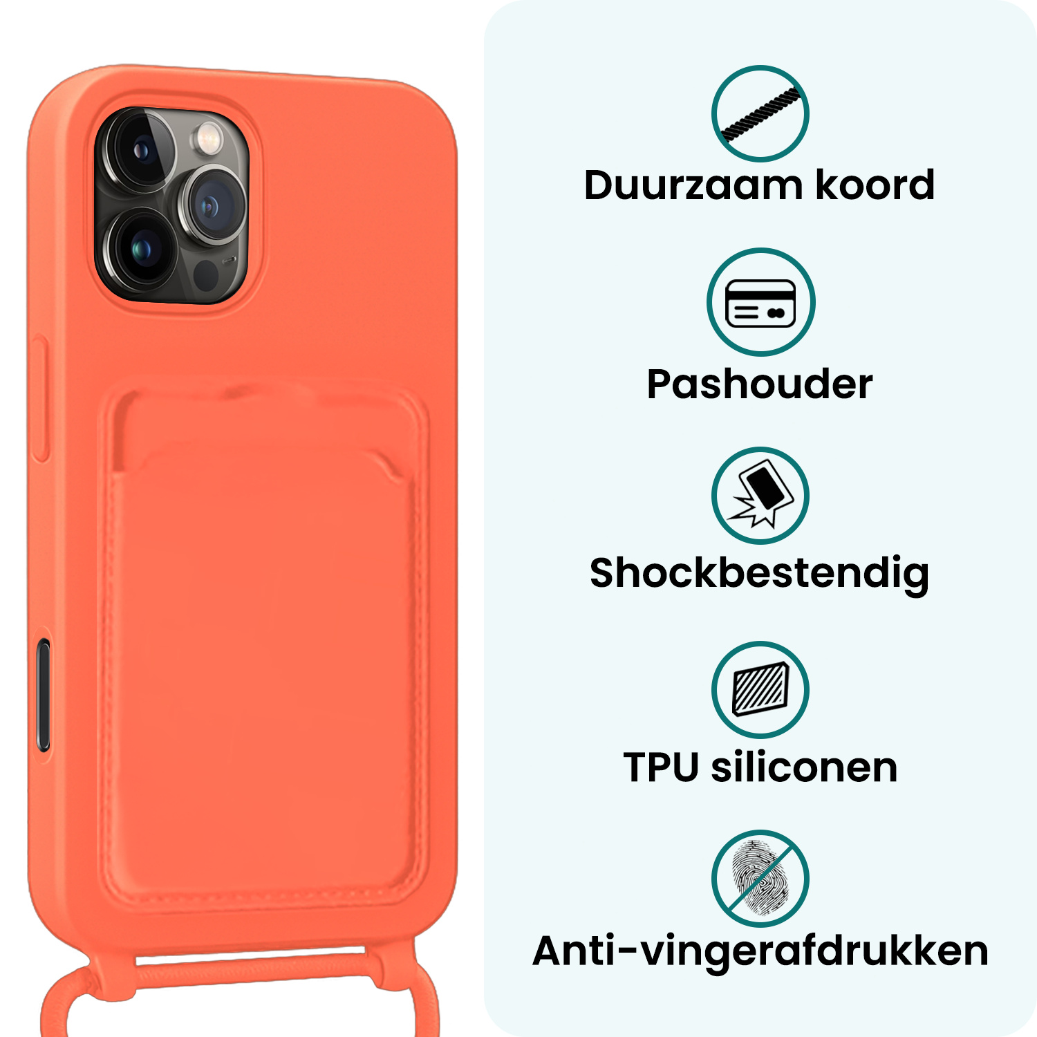 Forterra Forterra iPhone 16 Pro Hoesje Pashouder met Koord Met Screenprotector - Papaya