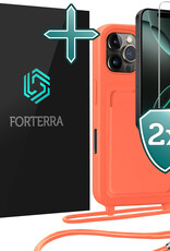 Forterra Forterra iPhone 16 Pro Hoesje Pashouder met Koord Met 2x Screenprotector - Papaya