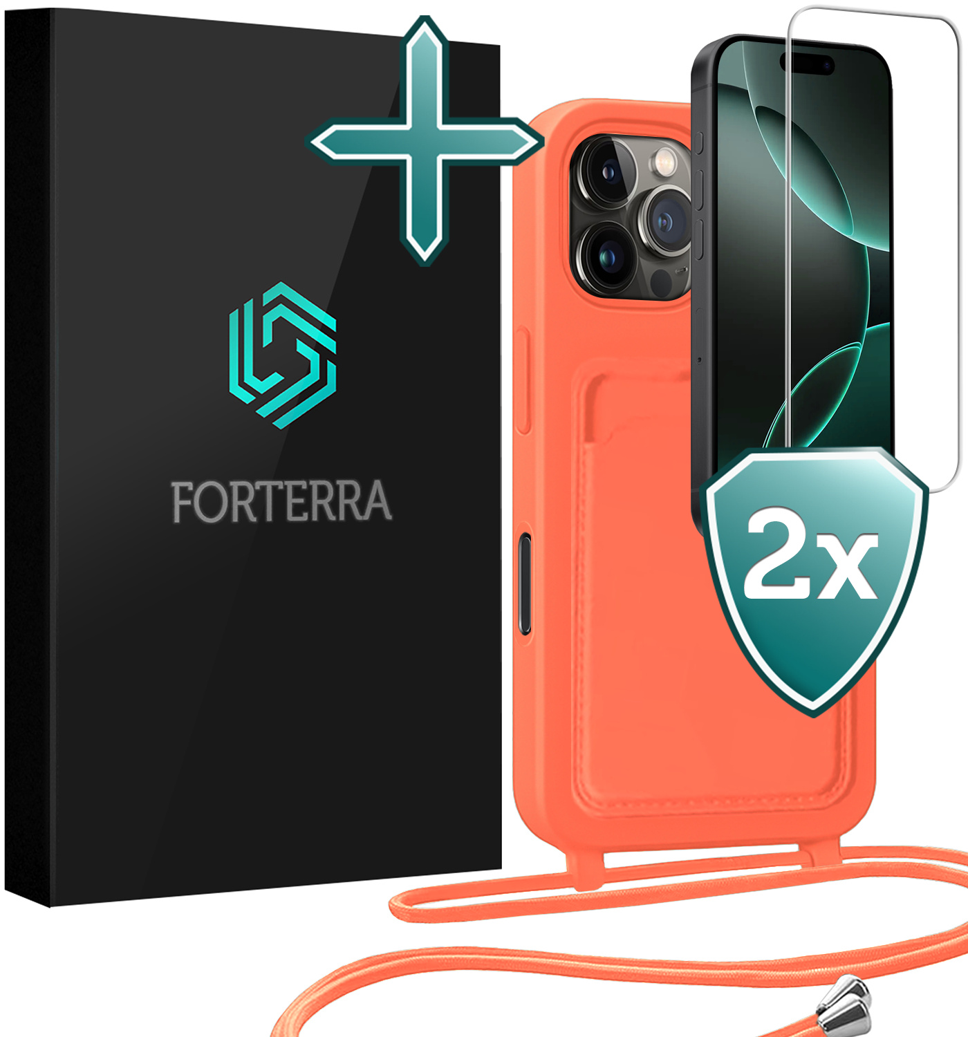 Forterra Forterra iPhone 16 Pro Hoesje Pashouder met Koord Met 2x Screenprotector - Papaya