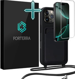 Forterra Forterra iPhone 16 Pro Hoesje Pashouder met Koord Met Screenprotector - Zwart