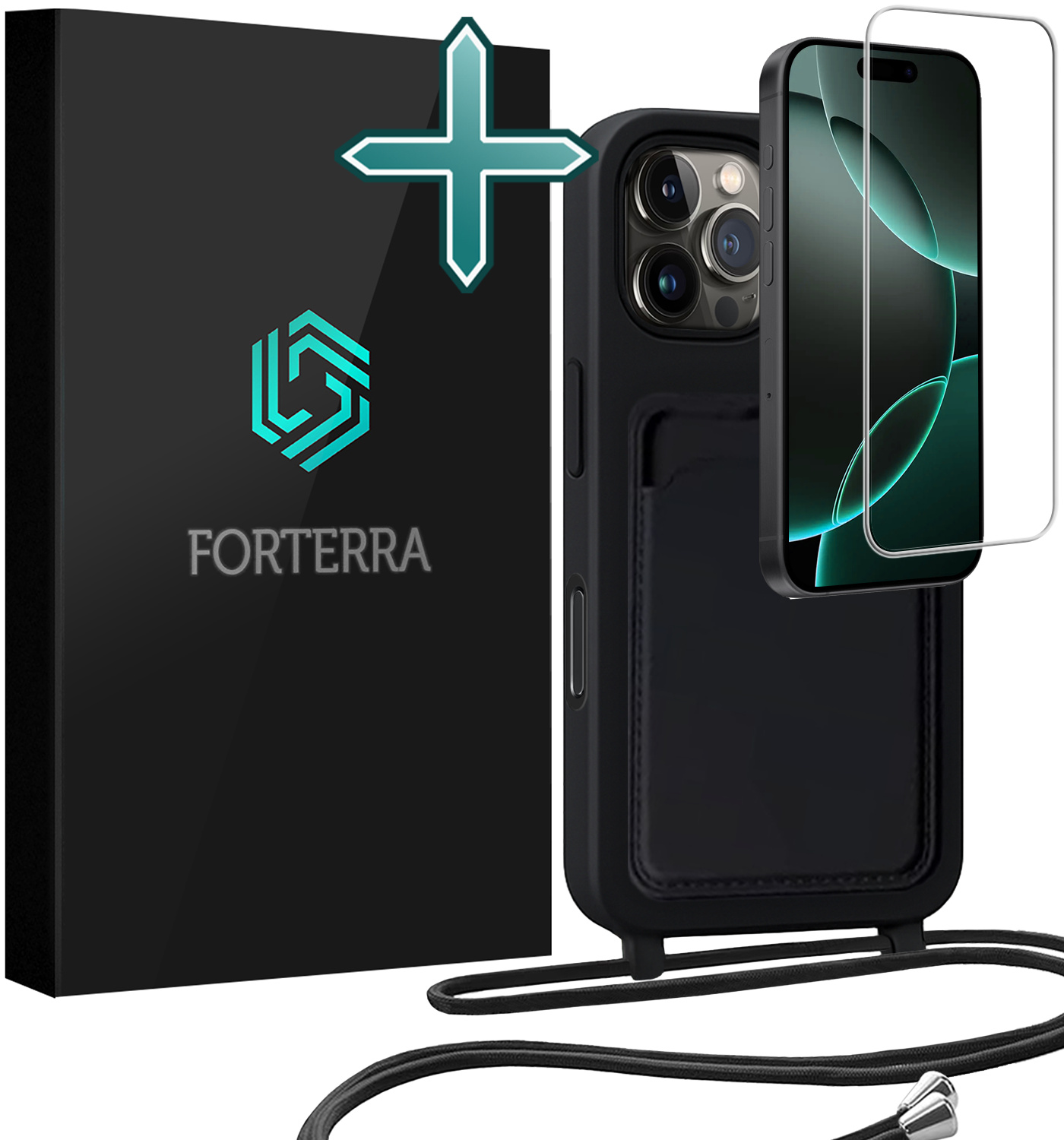 Forterra Forterra iPhone 16 Pro Hoesje Pashouder met Koord Met Screenprotector - Zwart