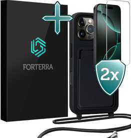 Forterra Forterra iPhone 16 Pro Hoesje Pashouder met Koord Met 2x Screenprotector - Zwart