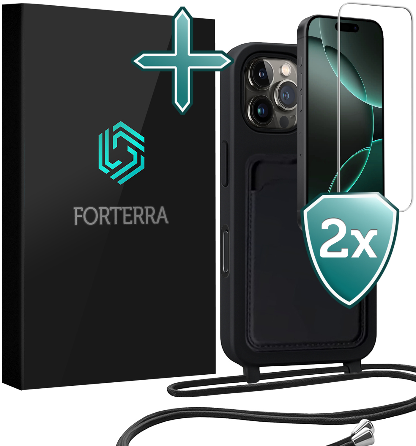Forterra Forterra iPhone 16 Pro Hoesje Pashouder met Koord Met 2x Screenprotector - Zwart