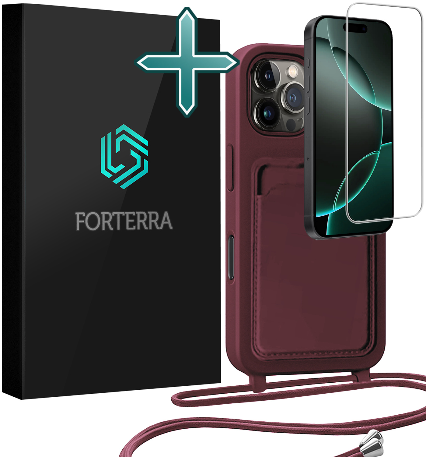 Forterra Forterra iPhone 16 Pro Max Hoesje Pashouder met Koord Met Screenprotector - Aubergine