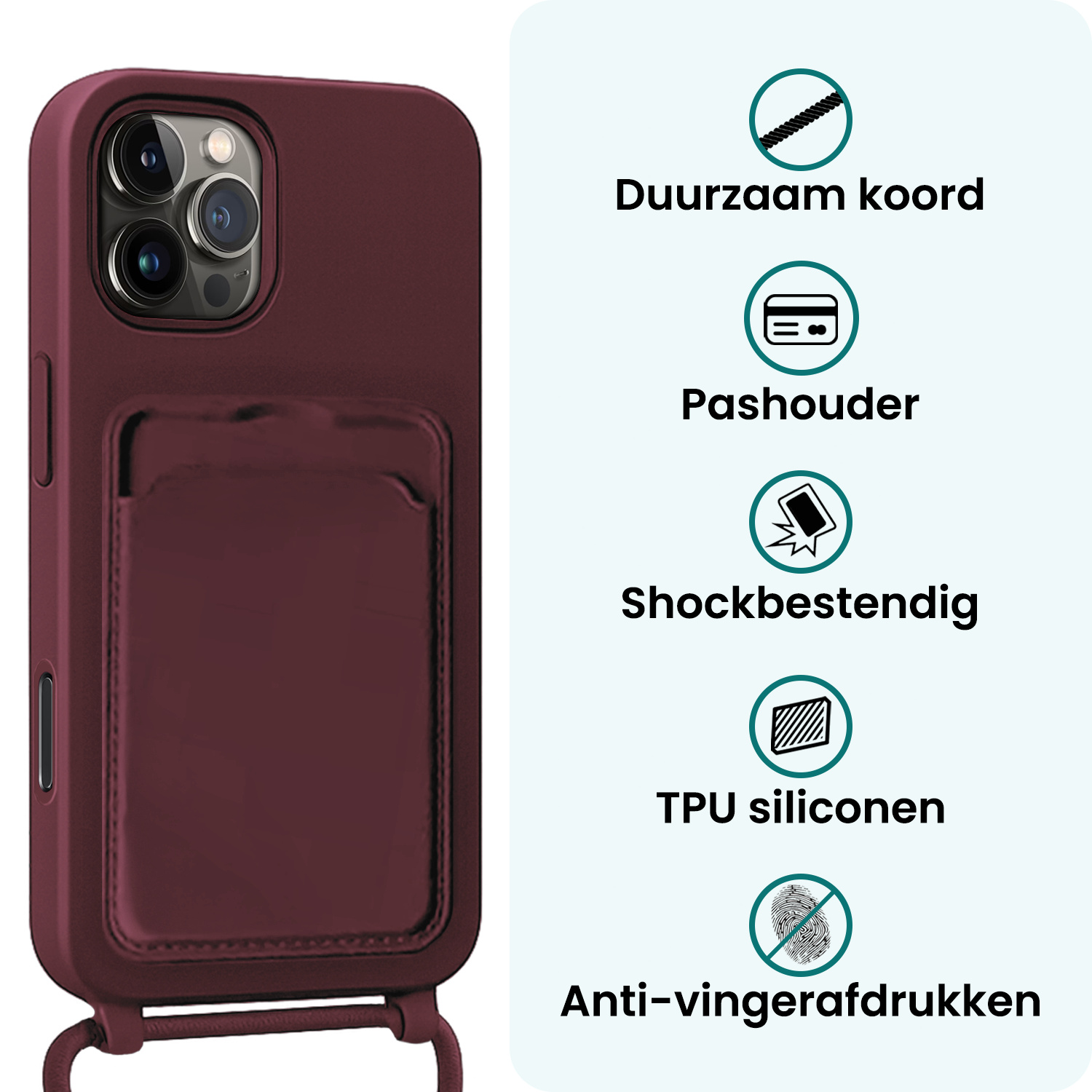 Forterra Forterra iPhone 16 Pro Max Hoesje Pashouder met Koord Met Screenprotector - Aubergine