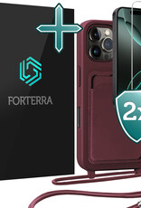Forterra Forterra iPhone 16 Pro Max Hoesje Pashouder met Koord Met 2x Screenprotector - Aubergine