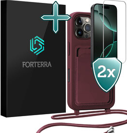 Forterra Forterra iPhone 16 Pro Max Hoesje Pashouder met Koord Met 2x Screenprotector - Aubergine
