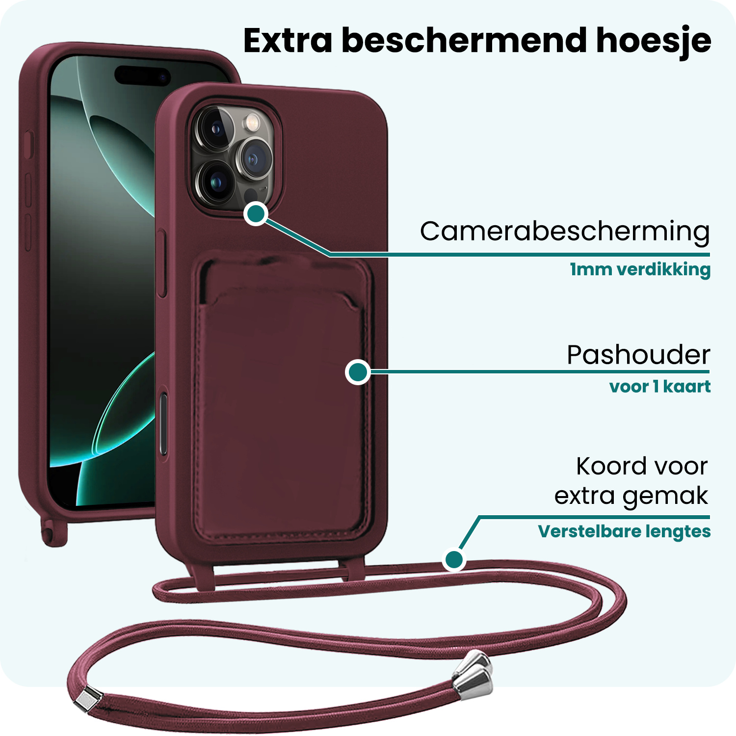 Forterra Forterra iPhone 16 Pro Max Hoesje Pashouder met Koord Met 2x Screenprotector - Aubergine