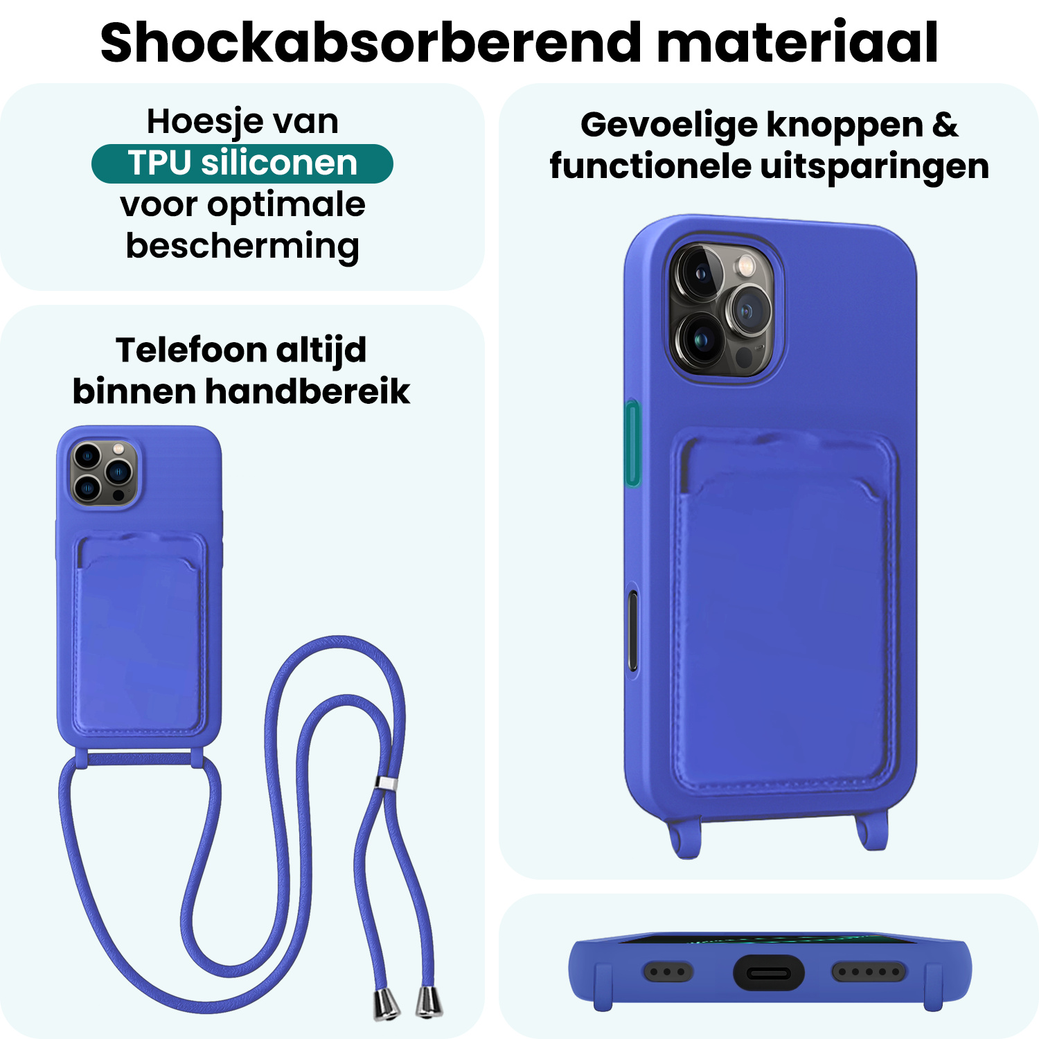 Forterra Forterra iPhone 16 Pro Max Hoesje Pashouder met Koord Met 2x Screenprotector - Fel Blauw