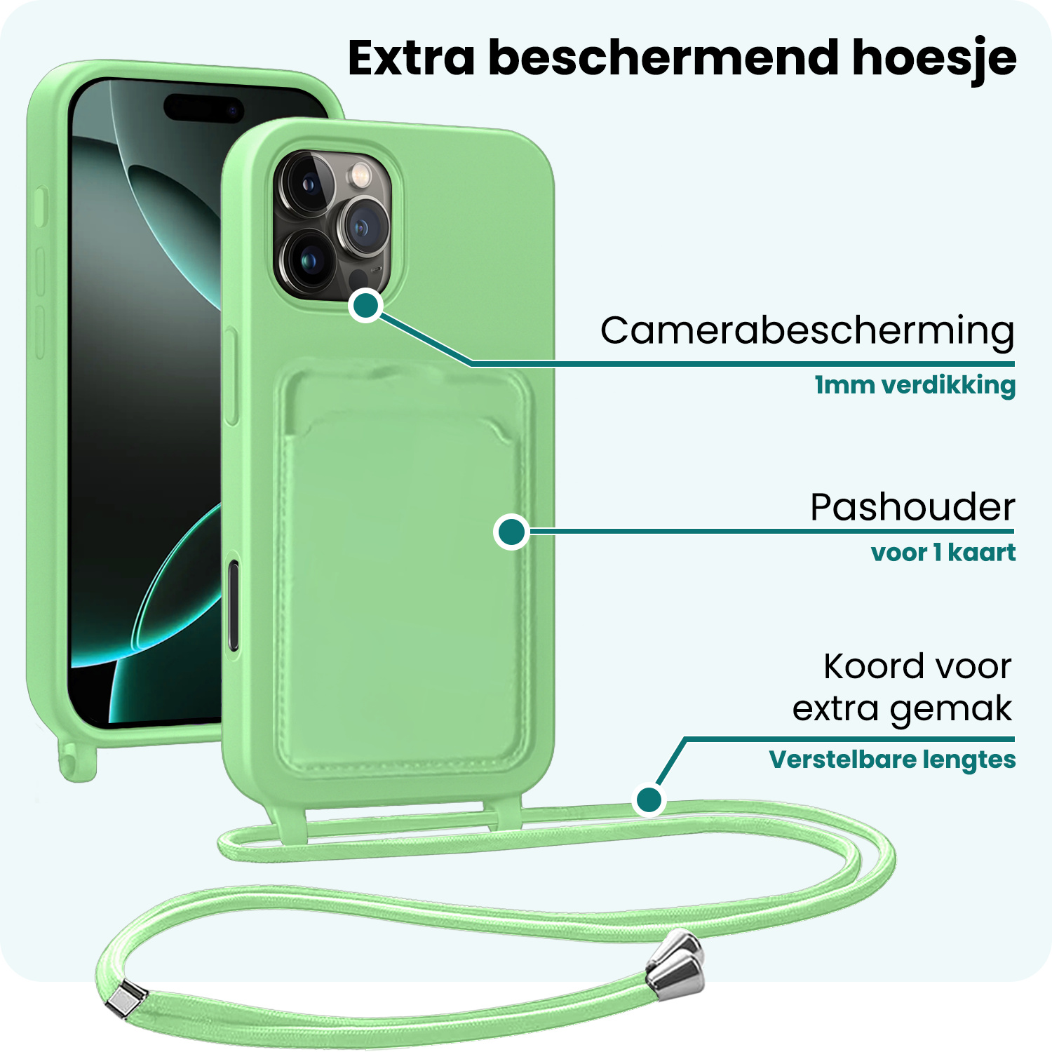 Forterra Forterra iPhone 16 Pro Max Hoesje Pashouder met Koord Met Screenprotector - Groen