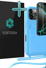 Forterra Forterra iPhone 16 Pro Max Hoesje Pashouder met Koord Met Screenprotector - Lichtblauw