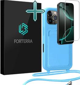 Forterra Forterra iPhone 16 Pro Max Hoesje Pashouder met Koord Met Screenprotector - Lichtblauw