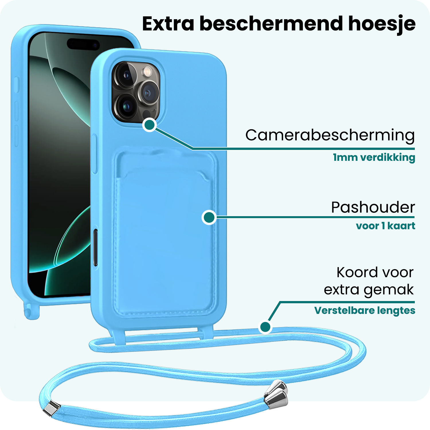 Forterra Forterra iPhone 16 Pro Max Hoesje Pashouder met Koord Met Screenprotector - Lichtblauw