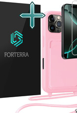 Forterra Forterra iPhone 16 Pro Max Hoesje Pashouder met Koord Met Screenprotector - Lichtroze