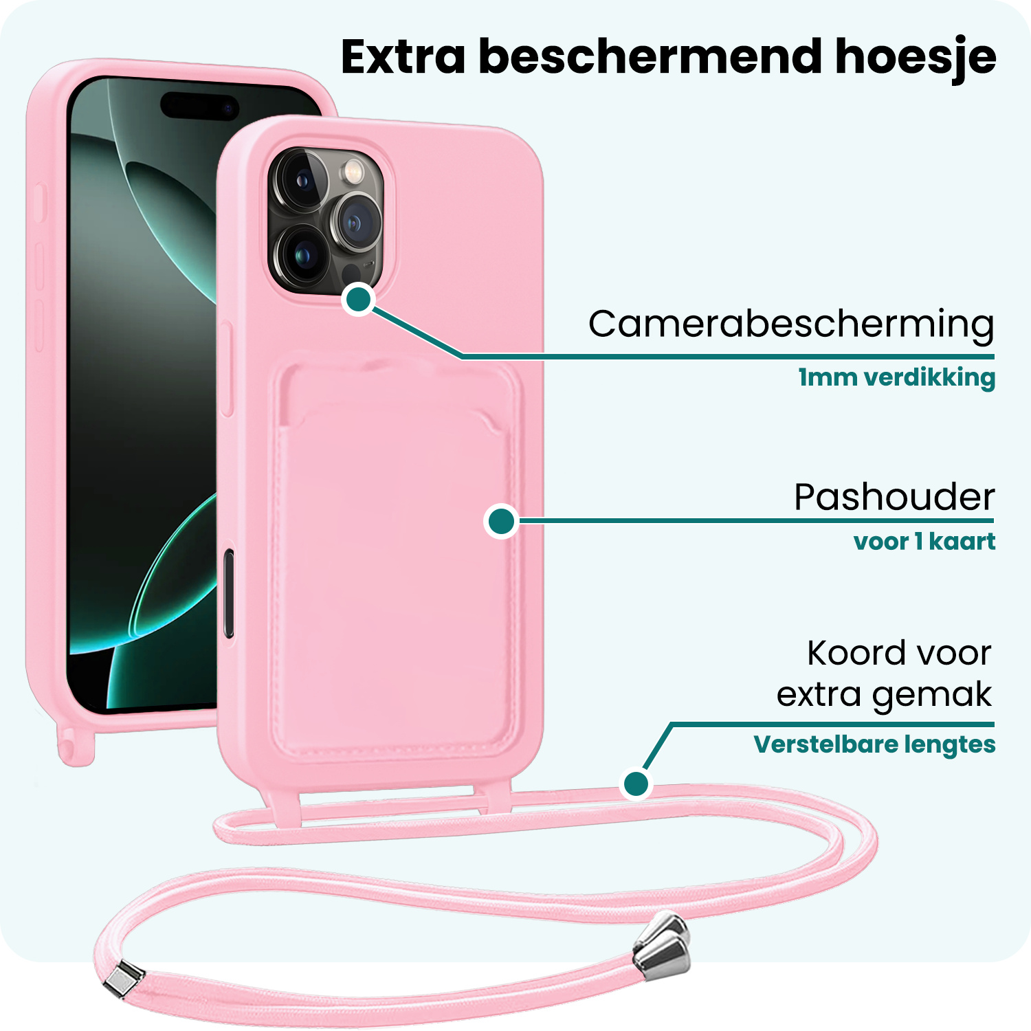 Forterra Forterra iPhone 16 Pro Max Hoesje Pashouder met Koord Met 2x Screenprotector - Lichtroze
